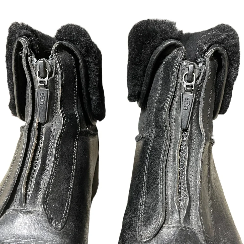 UGG Leather Shearling Boots 4 Foldover F20016E Black 10124 Winter Ankle Bootie